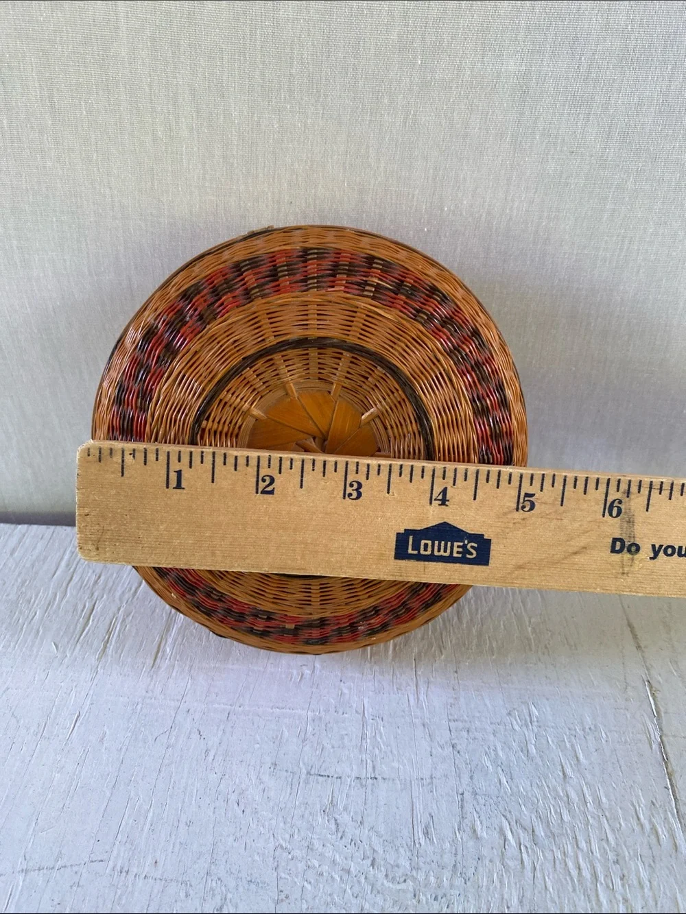 Handwoven Round Wicker/Bamboo Decorative Box - Brown with Red and Black Accents